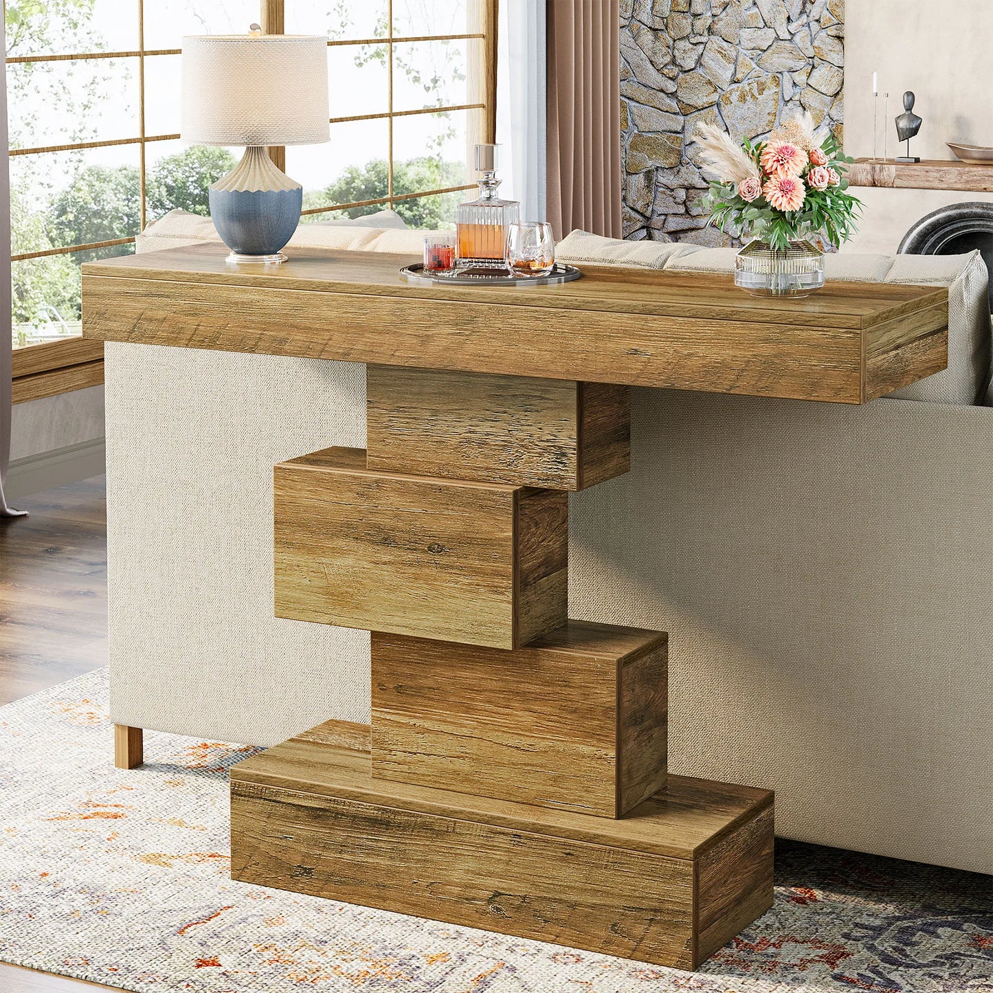 Tribesigns 42.5" Farmhouse Console Table, Narrow Wood Sofa Table Behind Couch with Geometric Base, Industrial Entryway Accent Ta
