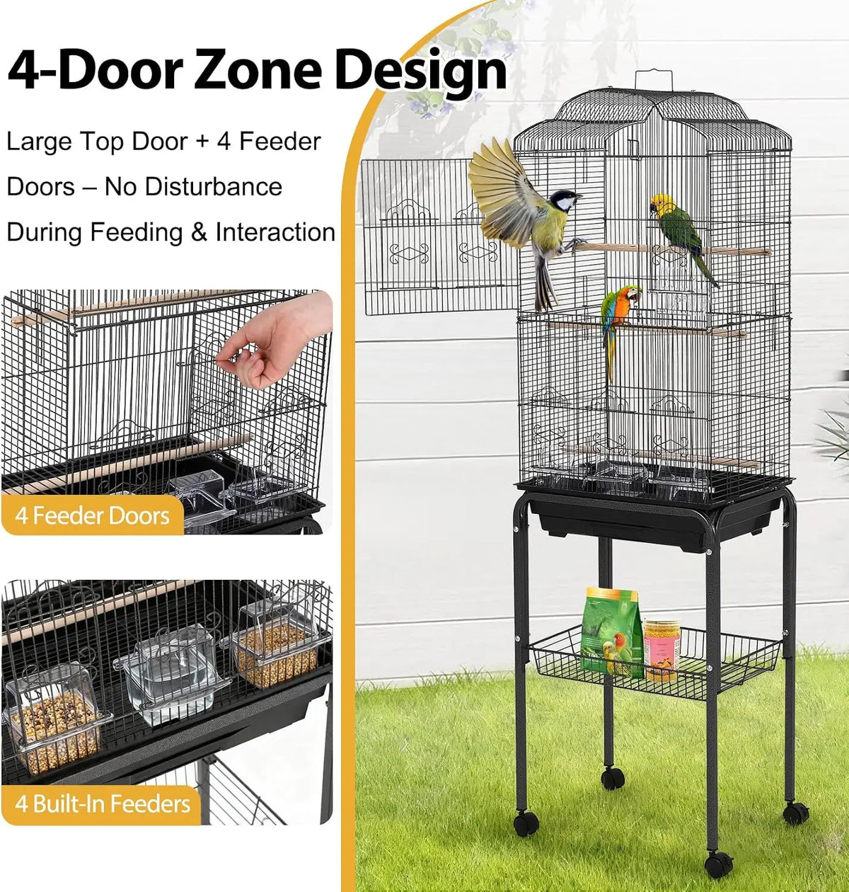 Tacleekii 60" Large Bird Cage with Play Top and Rolling Stand Multi-Level Metal Flight Cage Storage Shelf Removable Tray Feeding Bowls & Perches, Easy-Clean Aviary for Parakeets, Cockatiels