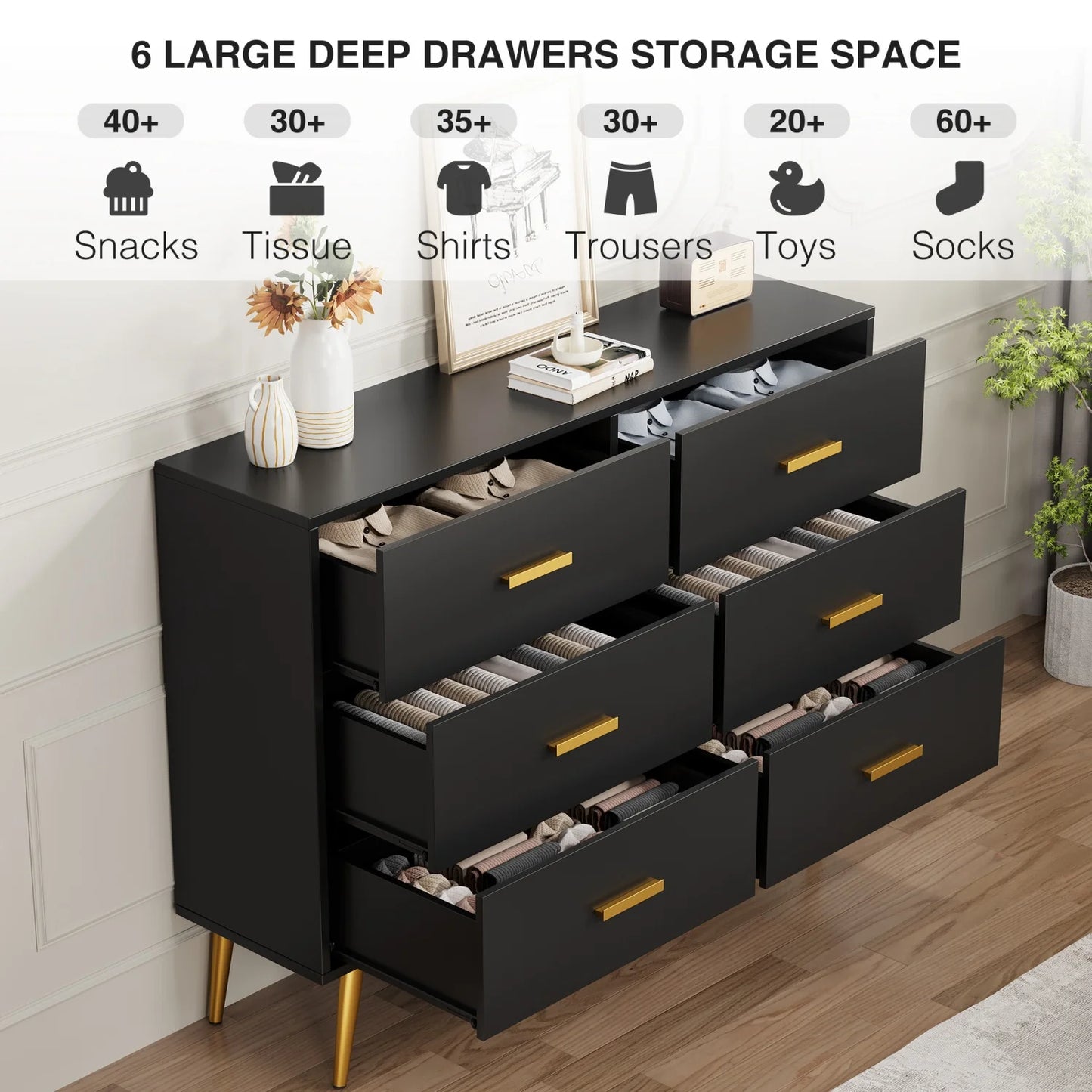 6-Drawer Chest of Drawers, Modern 6 Drawer Storage Cabinet with  Sturdy Metal Legs, Bedroom Drawer Organiser for Living Room