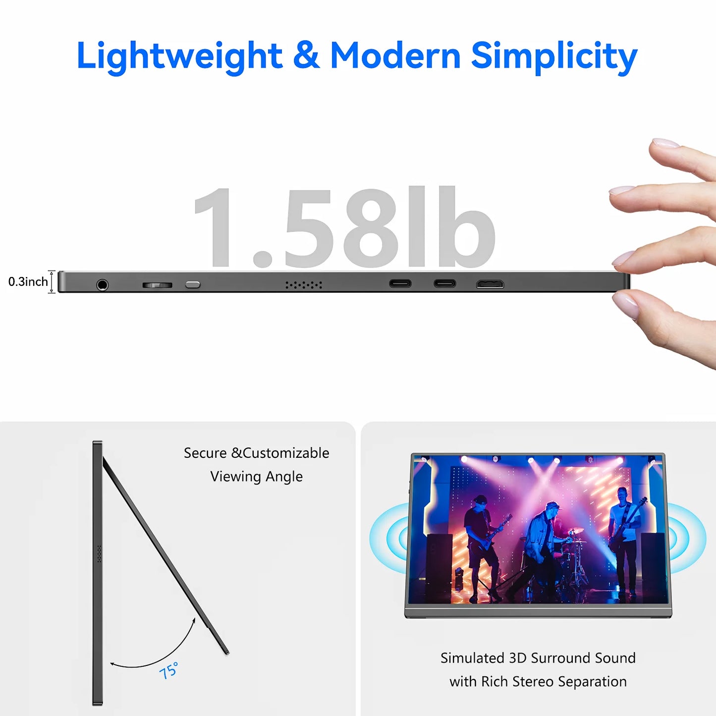 16“ VEOUT portable monitor 1920*1200P IPS,USB-C/HDMI,FreeSync 0.3" Ultra-Slim,Kickstand,4 Colors-Ideal for Gaming,Travel&Office