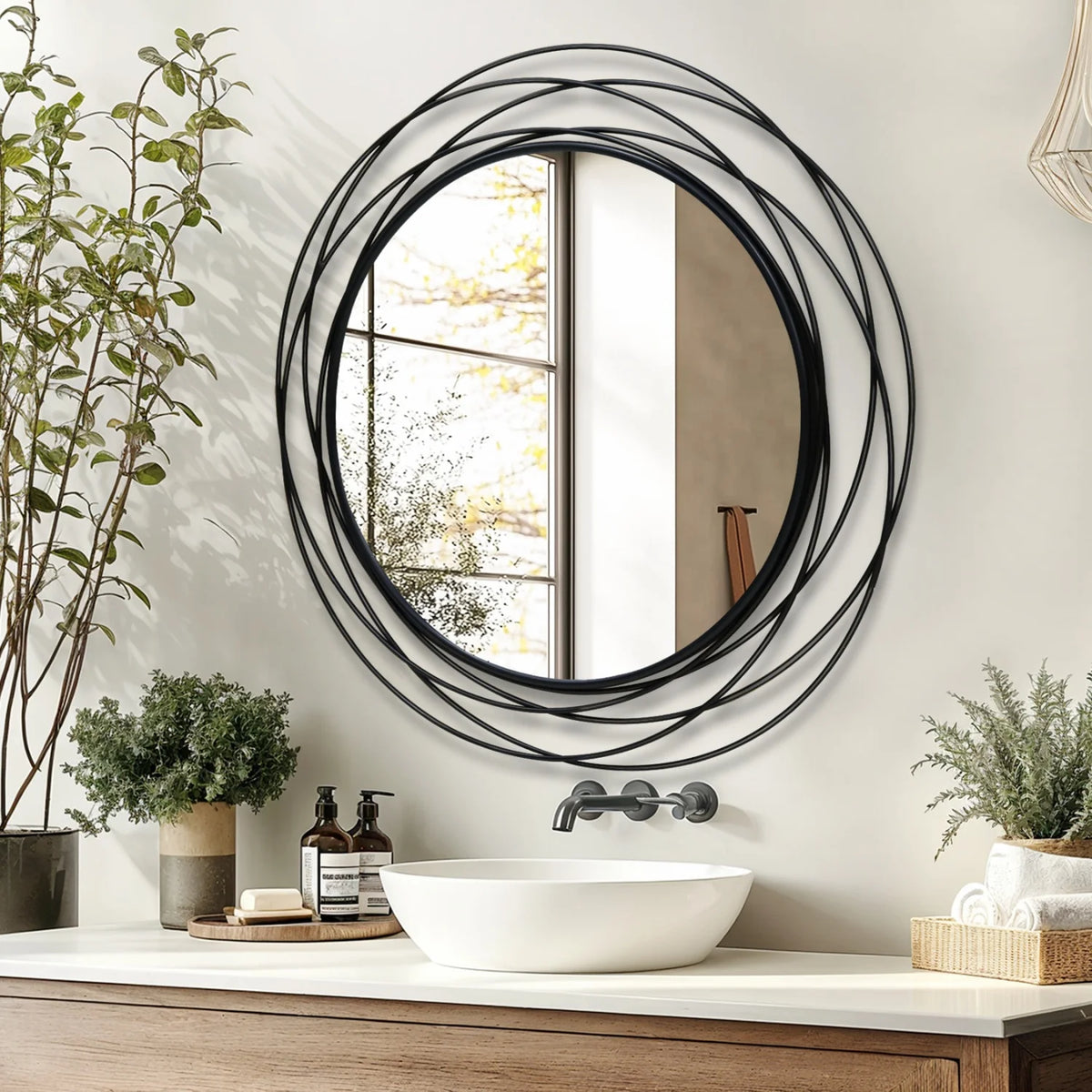 80CM Black Decorative Mirror for Wall Decor Round Iron Wire Frame Living Room Bathroom Entryways Mirror Makeup Vanity Mirror