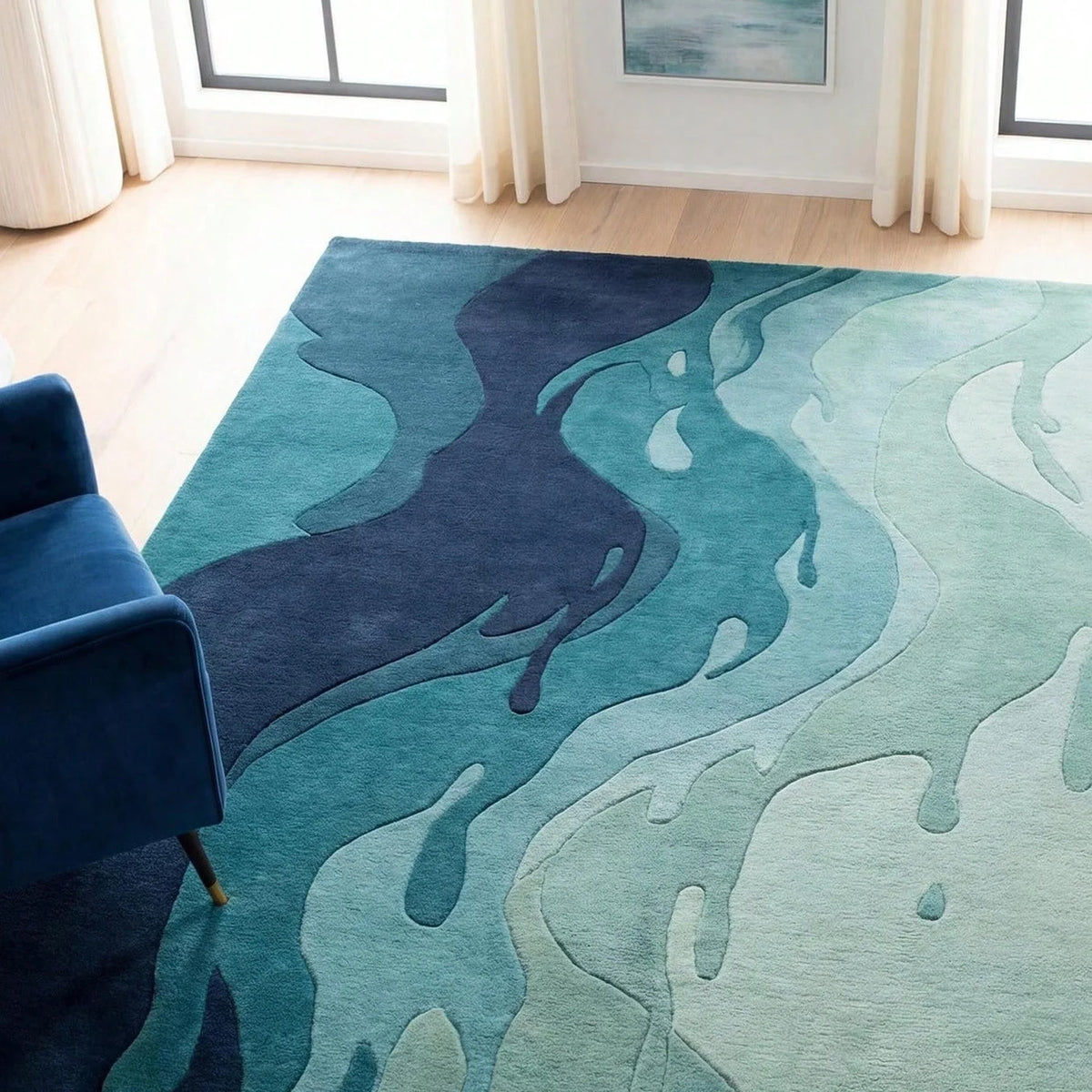 Abstract Blue Carpet Modern Coastal Style Living Room Carpet Soft Velvet Blue Green Wave Pattern Carpet Home Decoration
