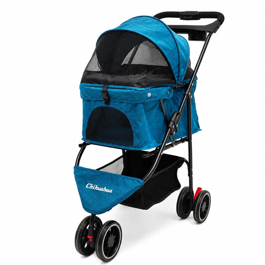 Foldable 3-Wheel Pet Stroller for Small to Medium Dogs and Cats with Mesh Canopy Cup Holders Easy Assembly
