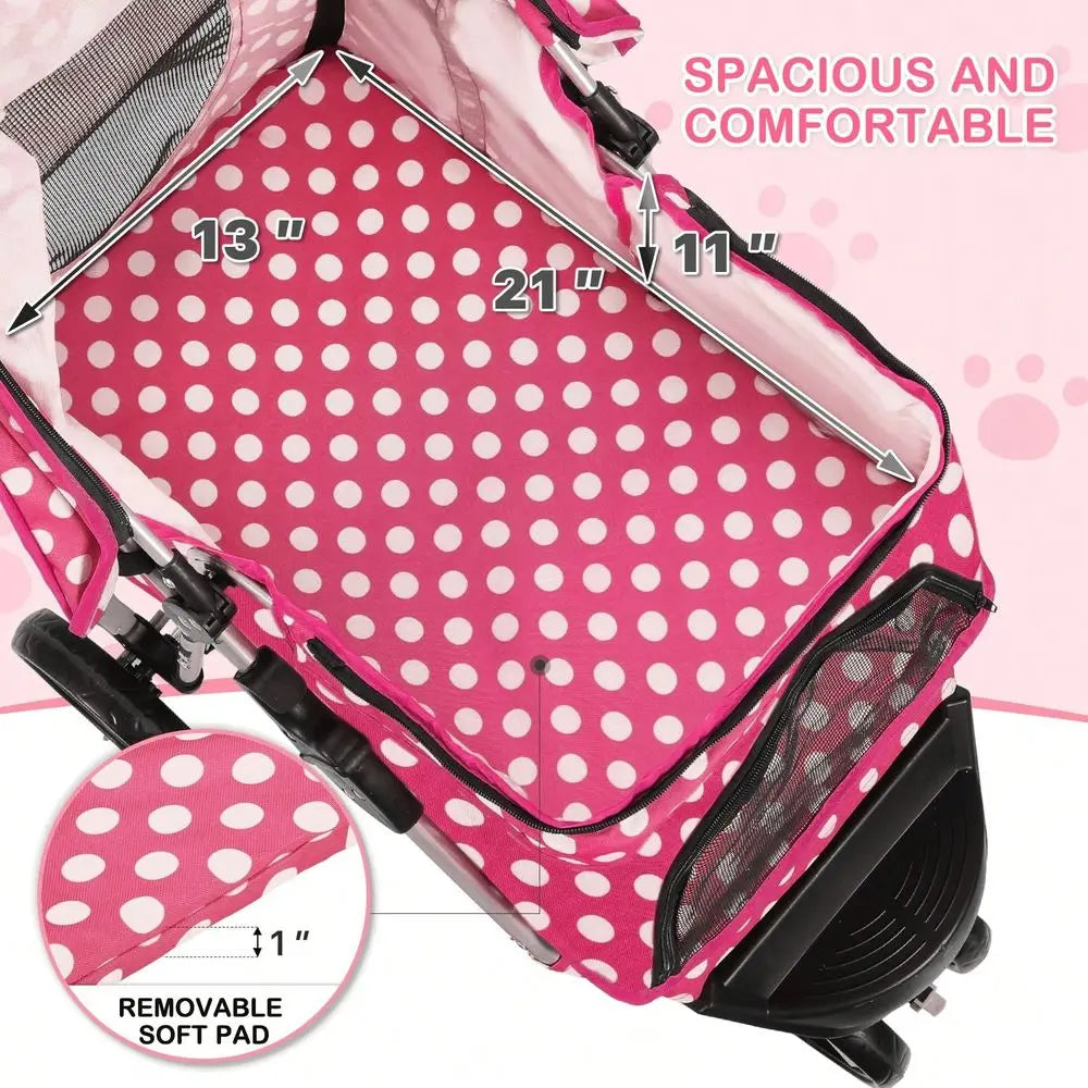 3 Wheels Pet Dog Cat Stroller For Small Medium Dogs Cats, Foldable Jogger Stroller W Storage Basket And Cup Holder