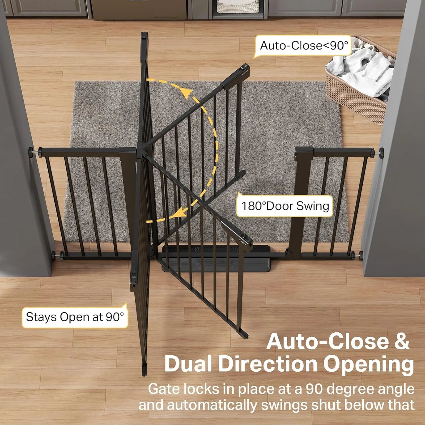 Extra Wide Auto-Close Baby and Pet Gate for Stairs, Doorways, Hallways - Pressure Mounted, No-Trip Design, Black