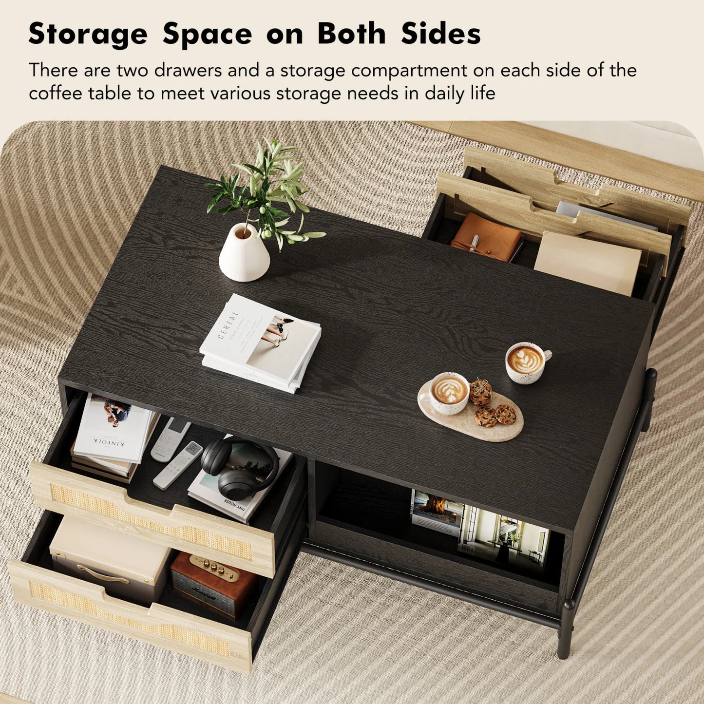 Farmhouse Living Room Table with 4 Drawers and Open Storage Shelf, Rattan Modern Wooden Coffee Table for Living Room, Office