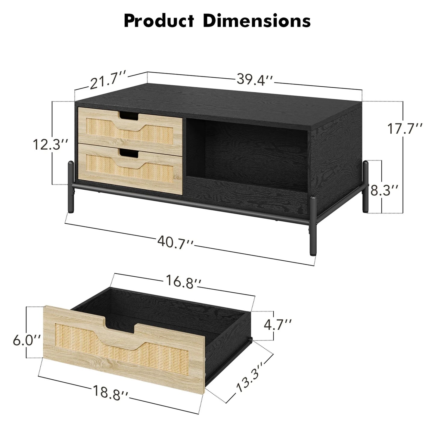 Farmhouse Living Room Table with 4 Drawers and Open Storage Shelf, Rattan Modern Wooden Coffee Table for Living Room, Office