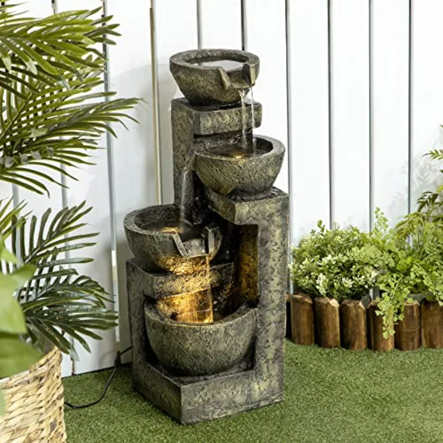 Outdoor Fountain with 4-Tier Stacked Stone Look Bowls Cascading Waterfall Adjustable Flow LED Lights Rustic Decor for Patio Zen