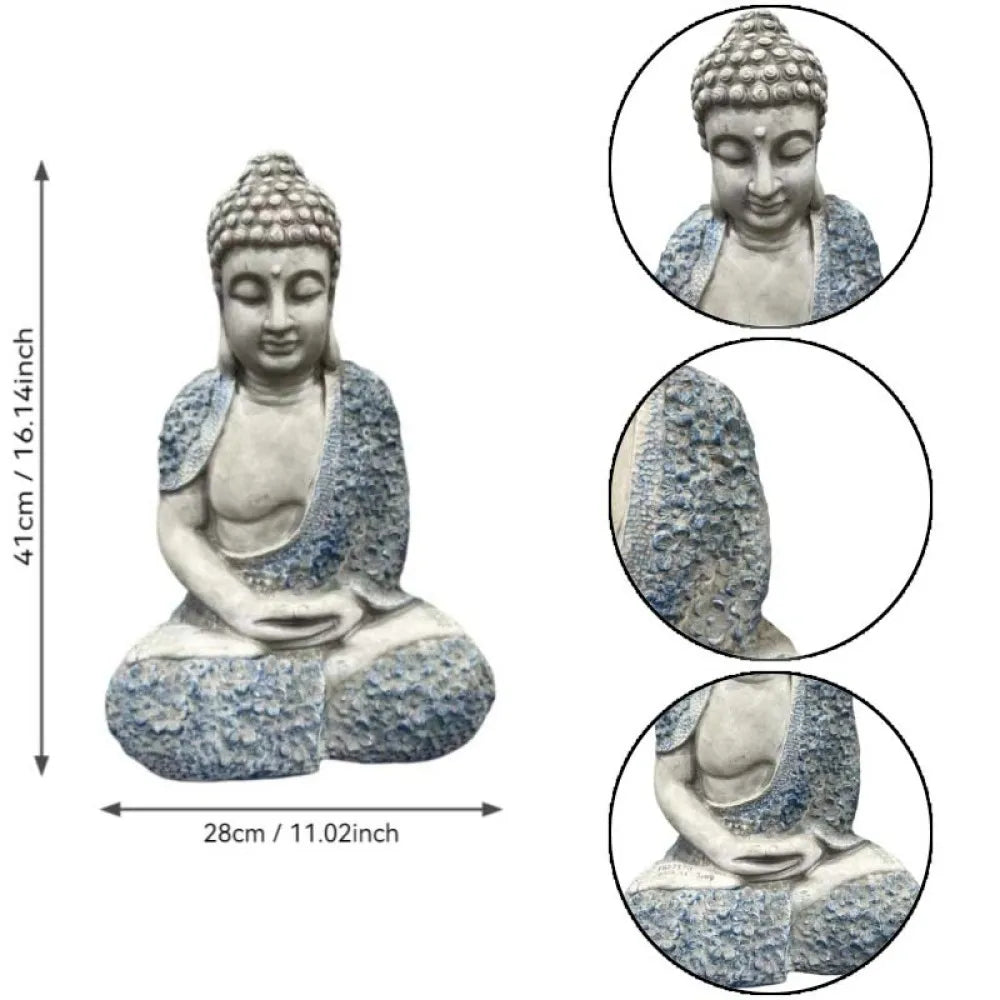 16 Inch Weatherproof Resin Meditating Buddha Statue with Blue Floral Details, Calm Zen Style Figurine, Decorative Ornament for Patio Lawn Yard Outdoor Landscape & Indoor Space