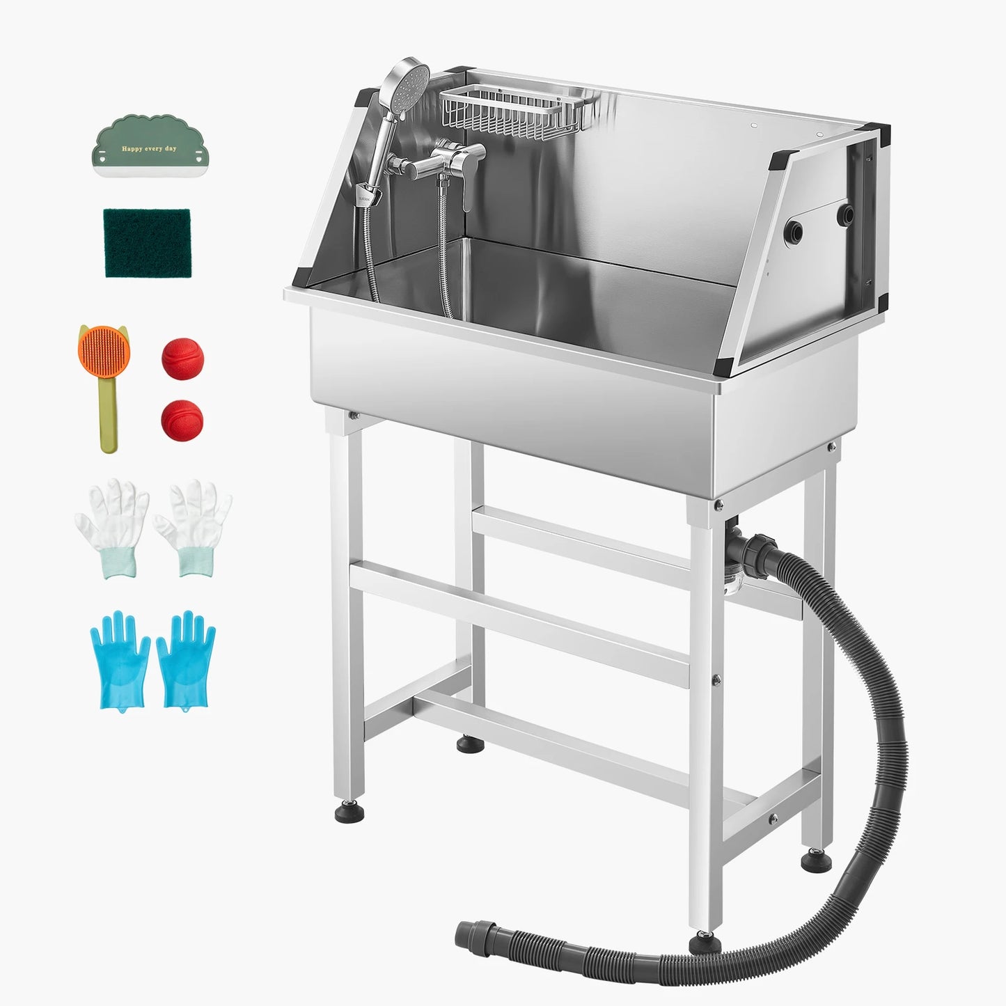 SucceBuy 34In Stainless Steel Dog Washing Station with Hot&Cold Faucet Showerhead Storage Rack No-Bend Fits Small Cats and Dogs