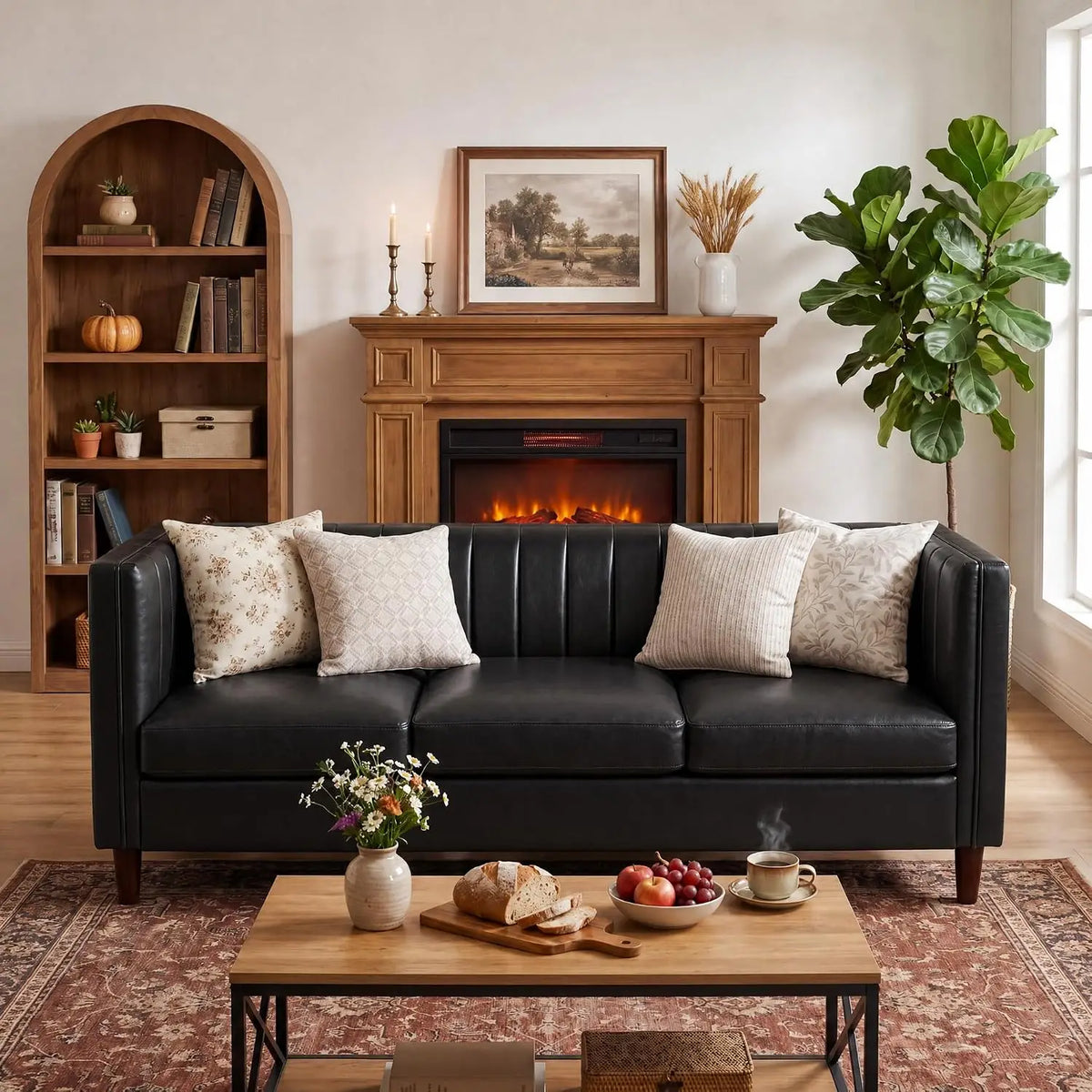 81 Inch Cognac Tan Faux Leather Sofa, Mid Century Modern 3 Seat Couch With Deep Seat, Wood Frame For Living Room, Apartment