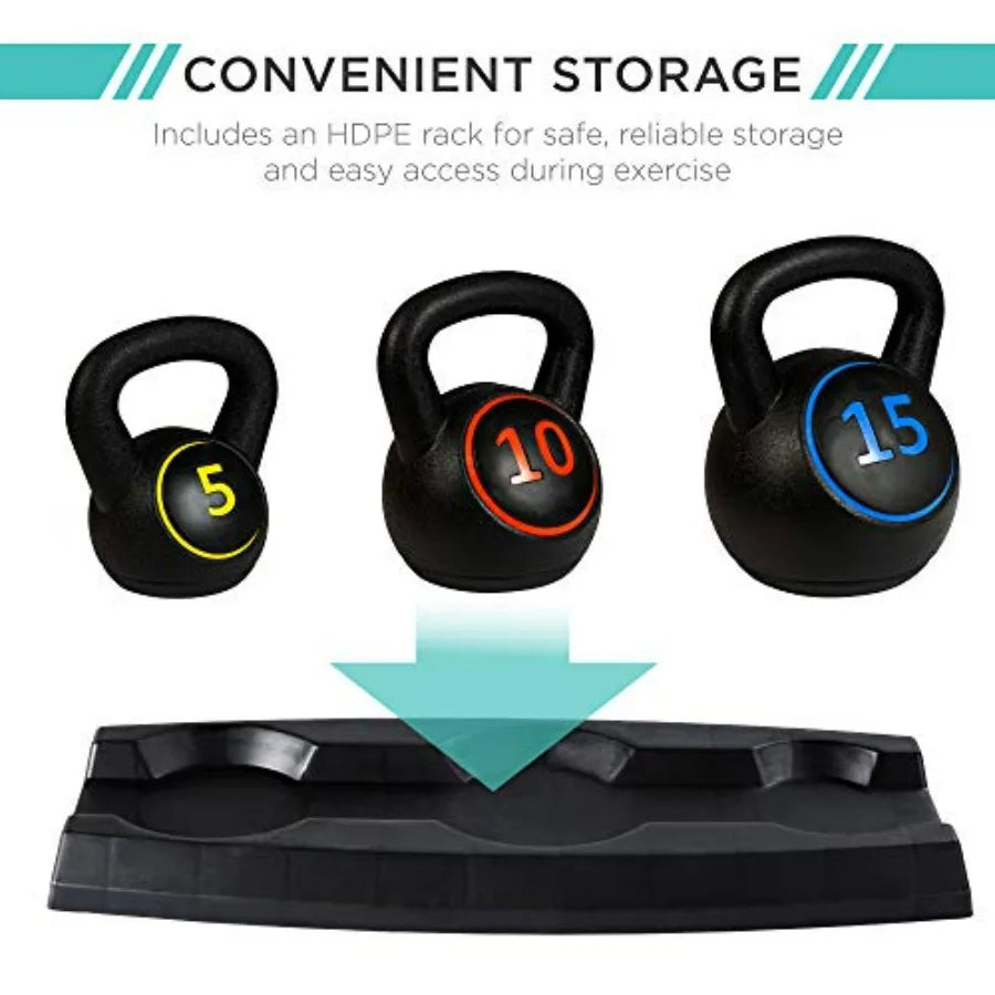 3-Piece Kettlebell Set with Storage Rack, HDPE Coated Exercise Fitness Concrete Weights for Home Gym, Strength Training, HIIT Wo