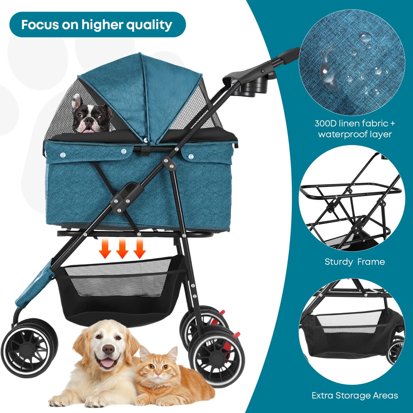 Foldable 3-Wheel Pet Stroller for Small to Medium Dogs and Cats with Mesh Canopy Cup Holders Easy Assembly