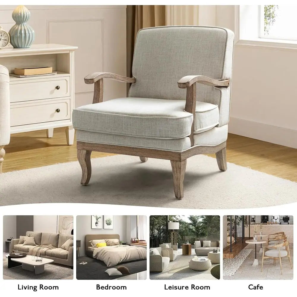 -Century ern Accent Chair, Upholstered Living Room Lounge Chair, Lounge Armchair with tic Stripes & Solid Wood Legs, Living Room