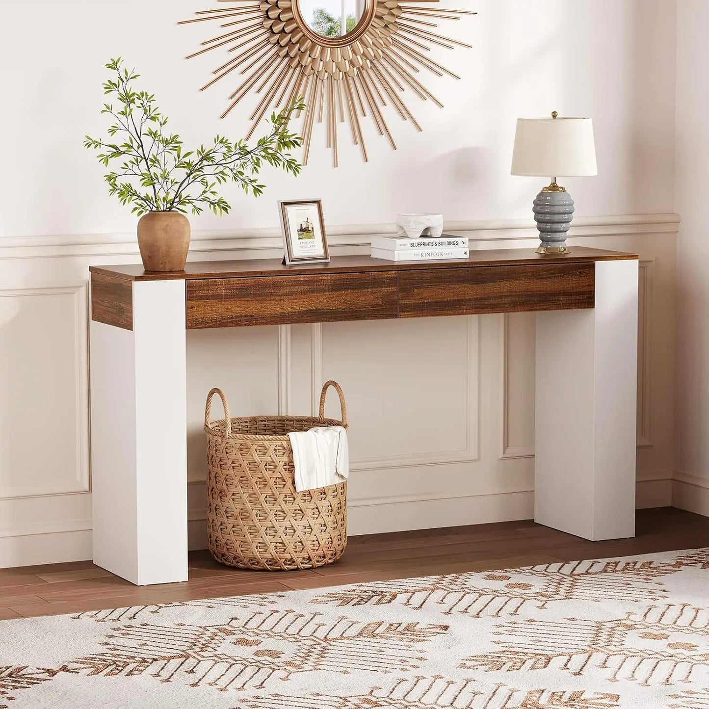 63 Inch Entryway Table with 2 Drawers, Narrow Slim Console Table, Long Wood Sofa Table Behind Couch for Hallway & Living Room