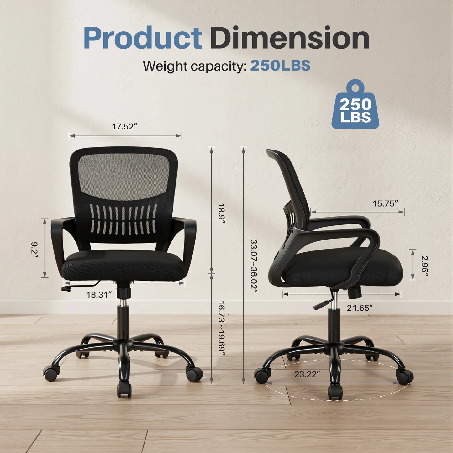 JHK Ergonomic Mesh Fixed Armrest Office Computer Chair Adjustable Swivel Mid-Back Computer Desk Chair with Lumbar Support