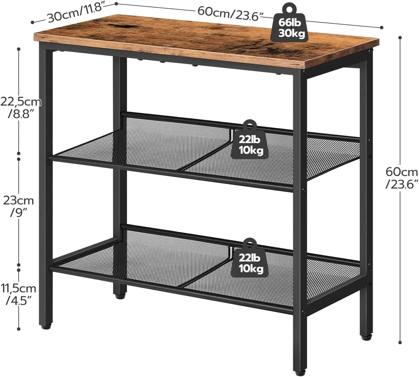 3-Tier Narrow Side Table with Adjustable Shelves for Small Spaces, Rustic Brown and Black