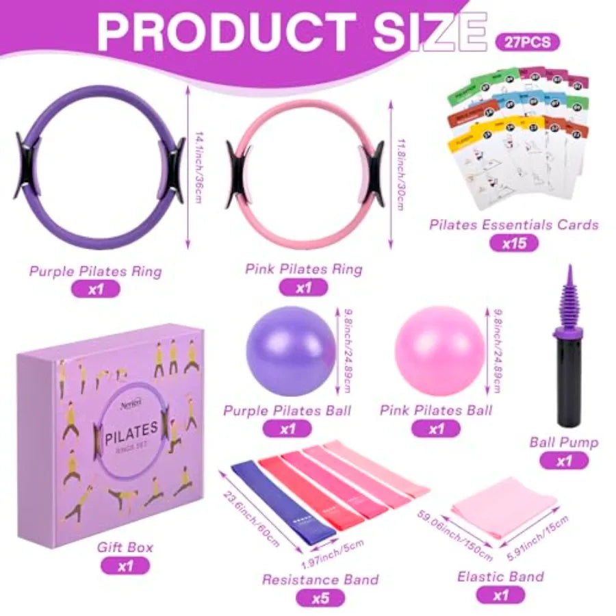 Pilates Ring Ball Equipment Kit - 27Pcs, 12" and 14" Magic Circle Workout Rings, 9.8" Exercise Balls, Workout Cards, Resistance