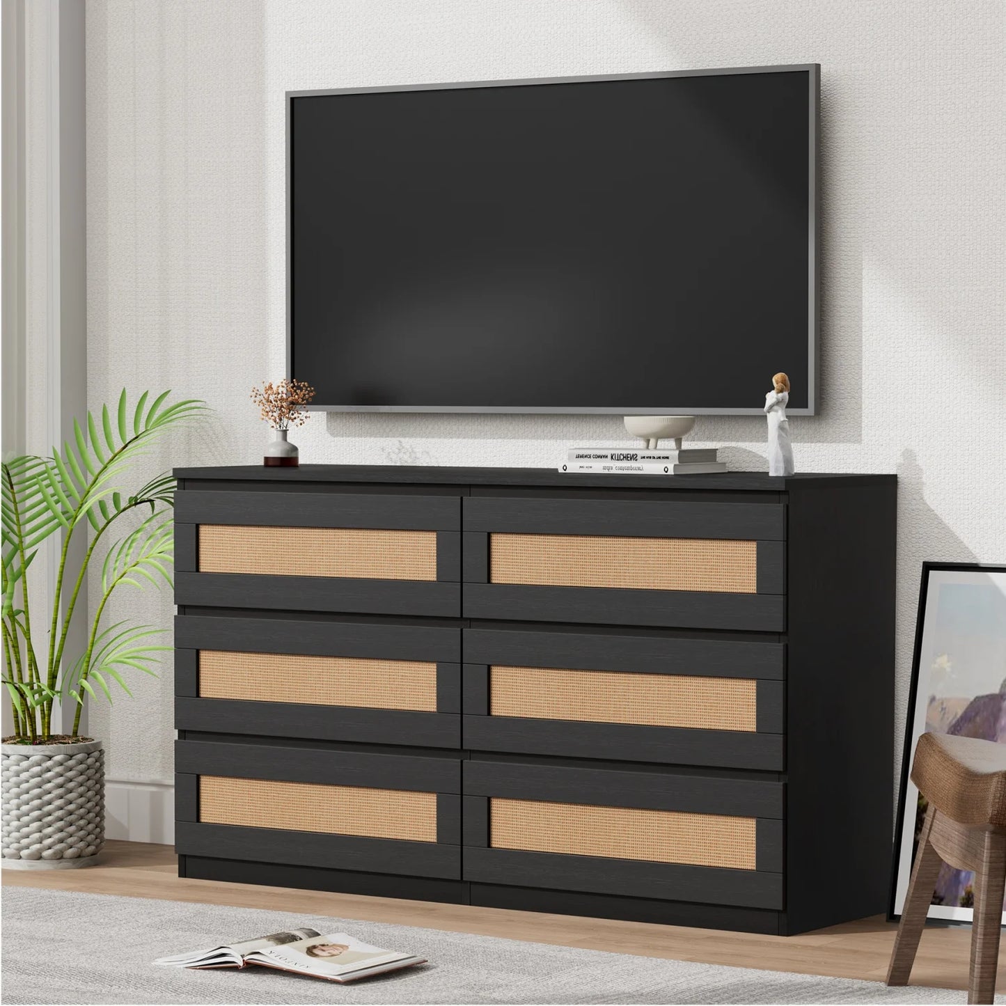 Modern Rattan 6-Drawer Dresser for Bedroom Wooden Chest of Drawers, Freestanding Storage Cabinet for Living Room and Entryway