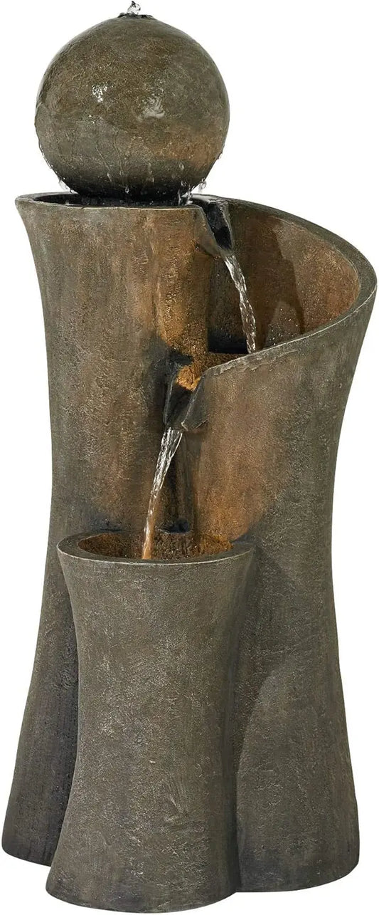 Large Modern Zen Indoor Outdoor Faux Stone Floor Fountain with LED Lighted Waterfall, 39.5" High