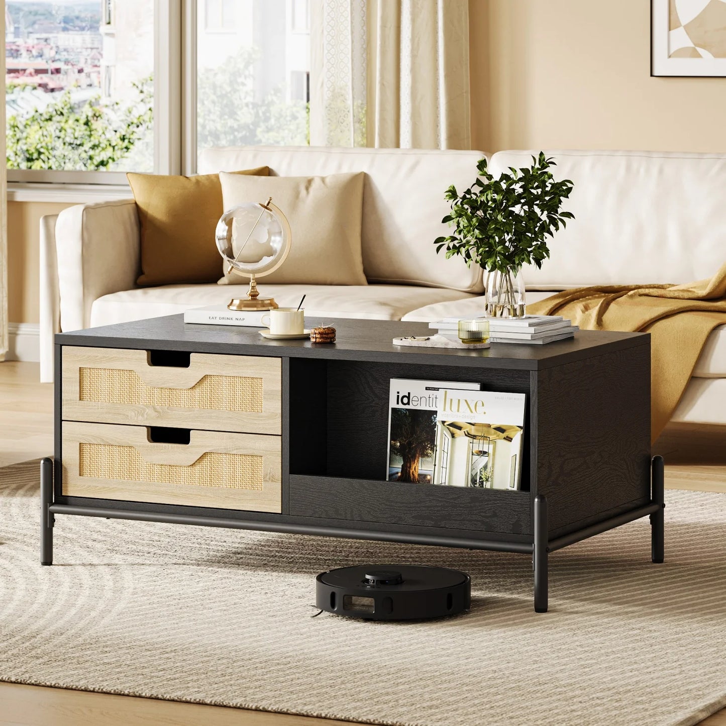 Farmhouse Living Room Table with 4 Drawers and Open Storage Shelf, Rattan Modern Wooden Coffee Table for Living Room, Office