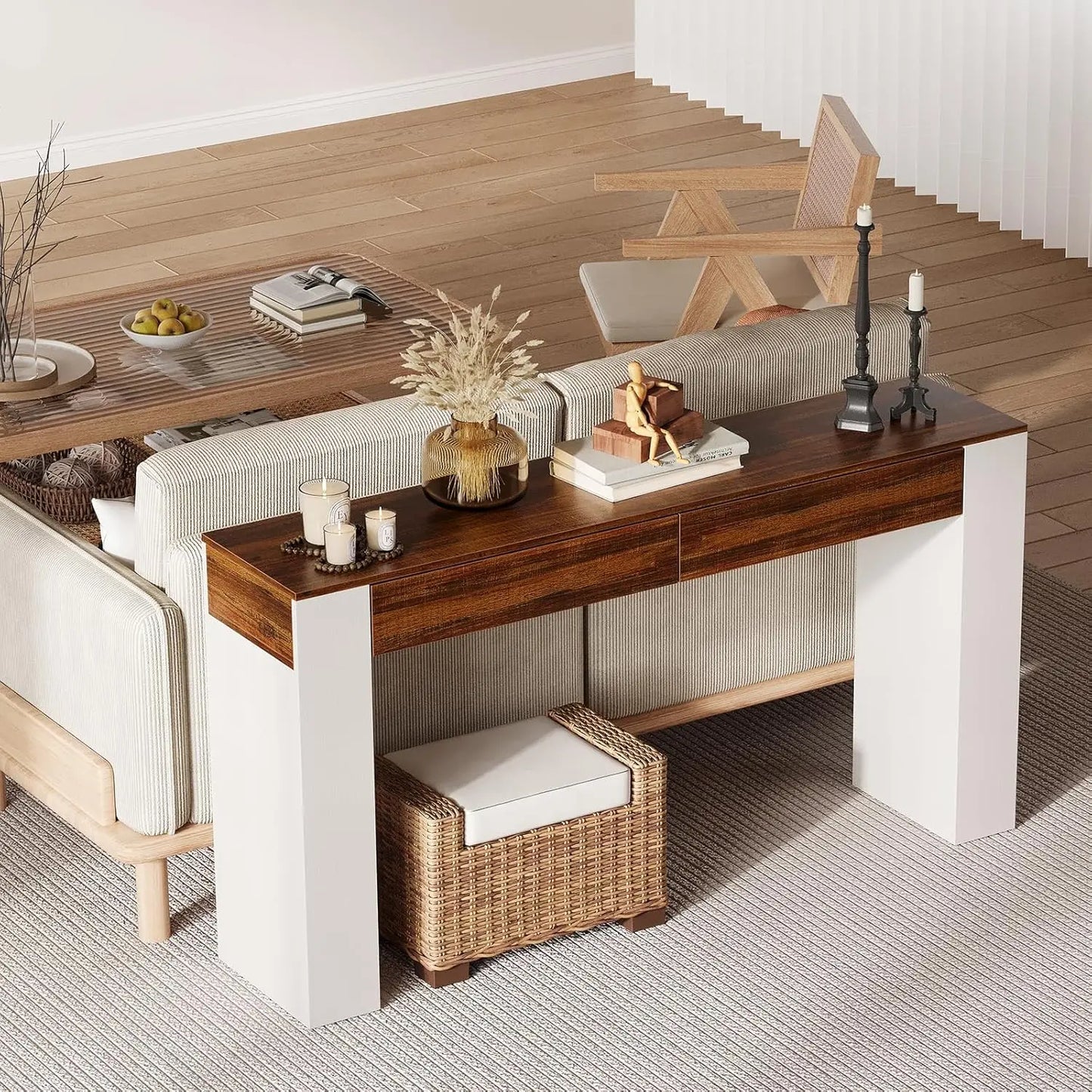 63 Inch Entryway Table with 2 Drawers, Narrow Slim Console Table, Long Wood Sofa Table Behind Couch for Hallway & Living Room