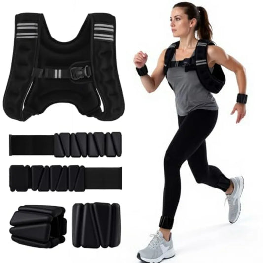 Weighted Vest, 6 lb Weight Vest with Reflective Stripe, 2 Pair of 1 lb Wrist & Ankle Weights Set for Men Women Adjustable for Wo