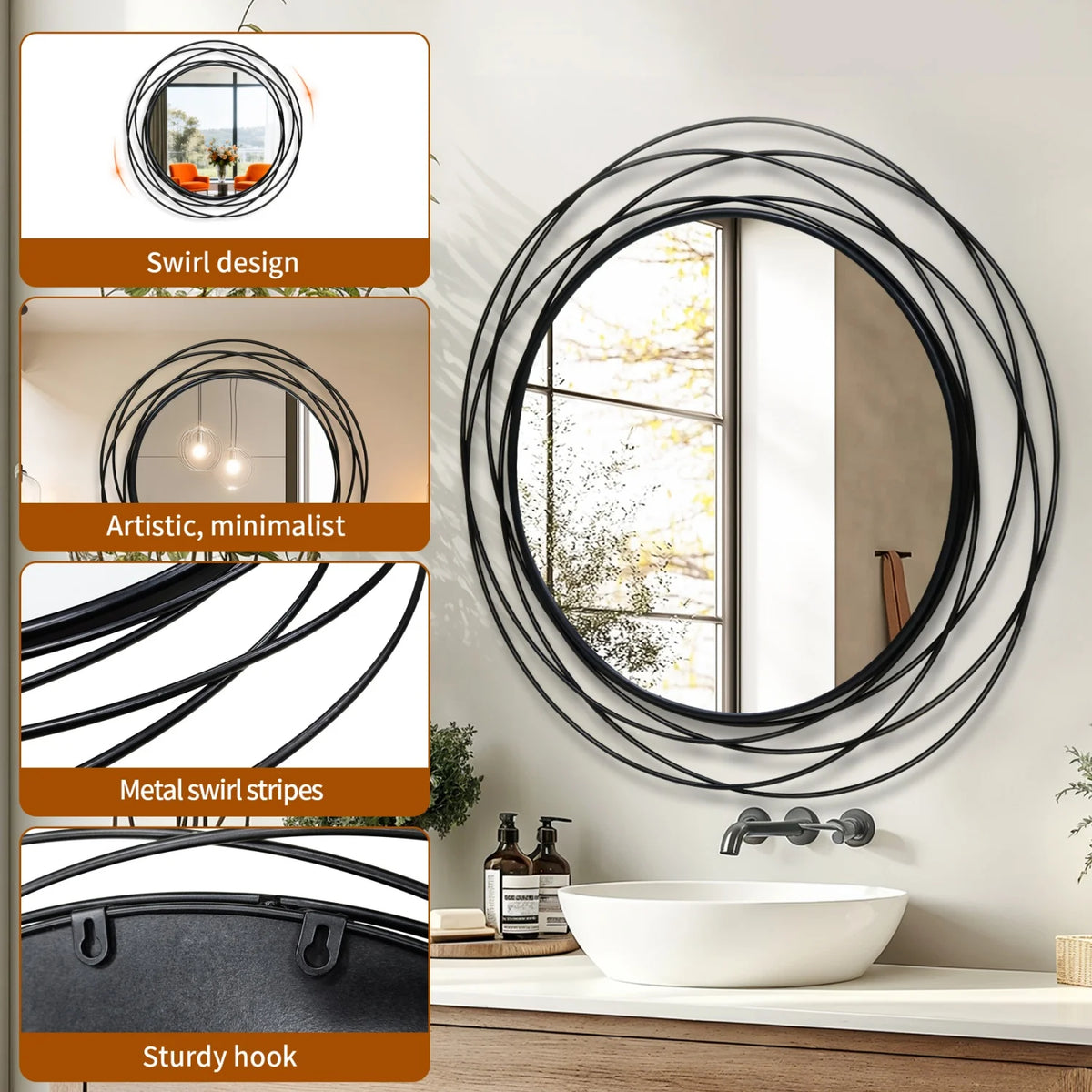 80CM Black Decorative Mirror for Wall Decor Round Iron Wire Frame Living Room Bathroom Entryways Mirror Makeup Vanity Mirror
