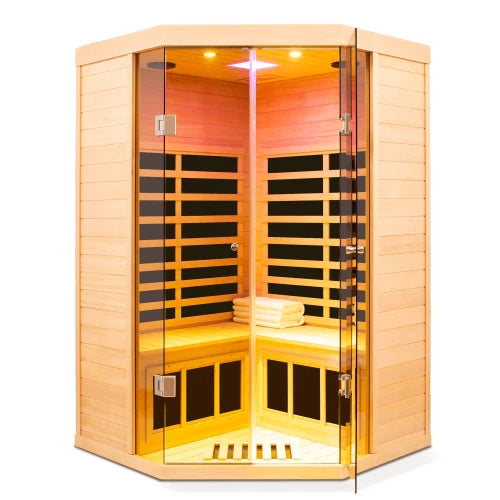 A pentagonal hemlock sauna room that can accommodate two people