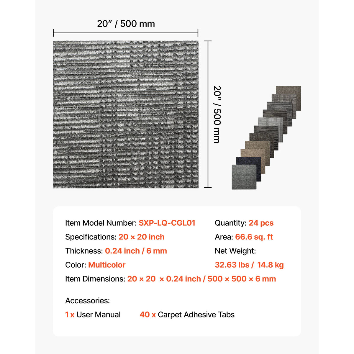 SucceBuy Carpet Tiles Reusable 20x20 inch 24 PCS Floor Soft Padded for Seamless Cover 66.6sq.ft for Living Room Bedroom Indoor