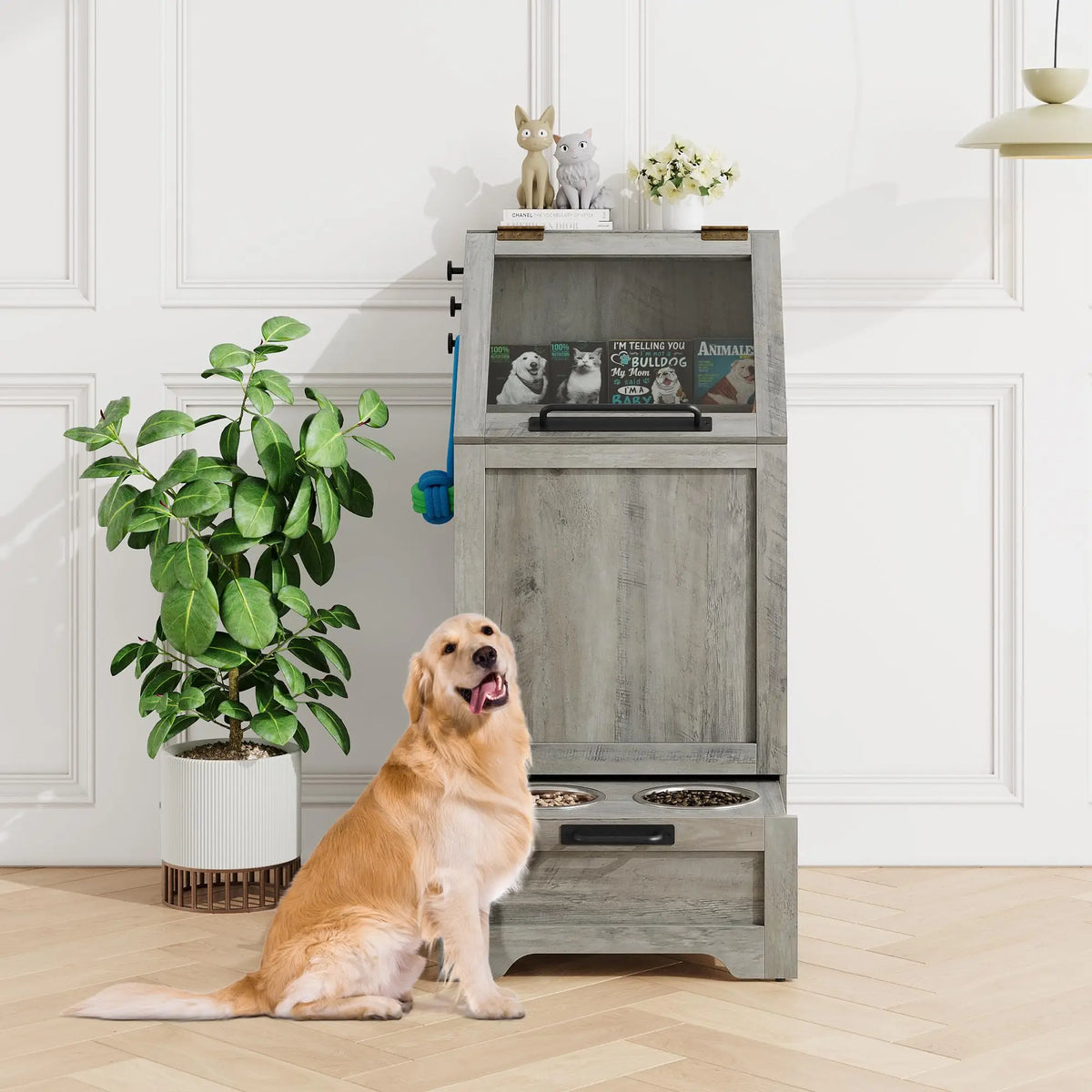 Dog Food Storage Cabinet with Feeding Bowls, Elevated Pet Feeder Station with 2 Stainless Steel Bowls, Slant Flip-Up Lid, Anti-Toppling Device, Pet Food Container for Dogs and Cats