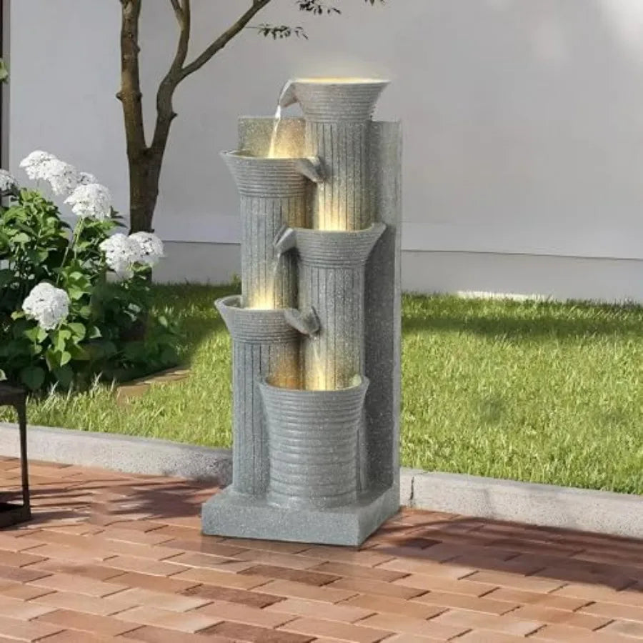 5-Tier Outdoor Indoor Water Feature Fountain 24 H Indoor Cascading Waterfall with 4 LED Lights Floor Standing Garden Fountain f