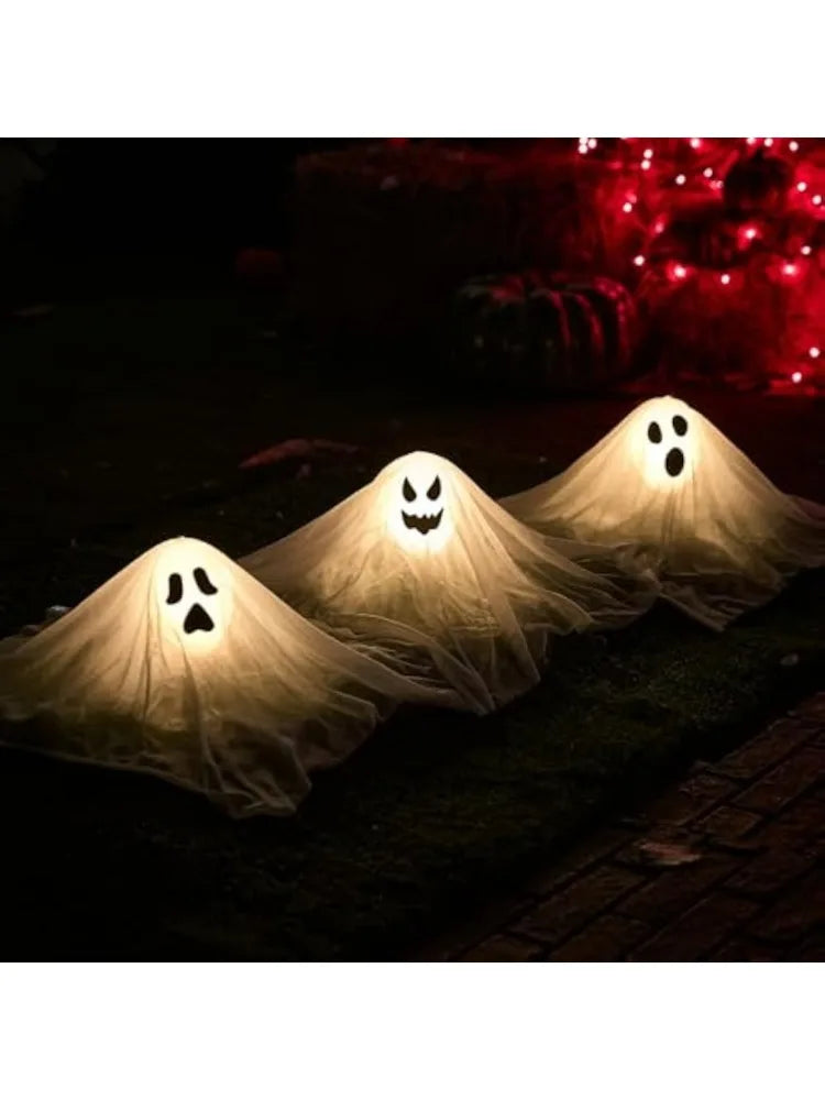 White Ghost Garden Stakes with Light UpHalloween Outdoor Decorations  Design (3 Packs) Cloth Ghost for Halloween Lights, Graveyard Yard Lawn Decorations