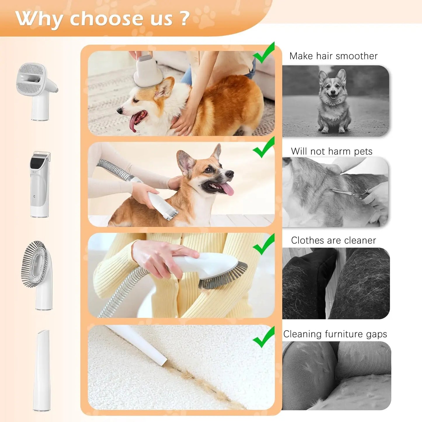 Pet Grooming Vacuum with 2.3L Dust Cup, 5 Tools for Dog Cat Hair Removal, Low Noise