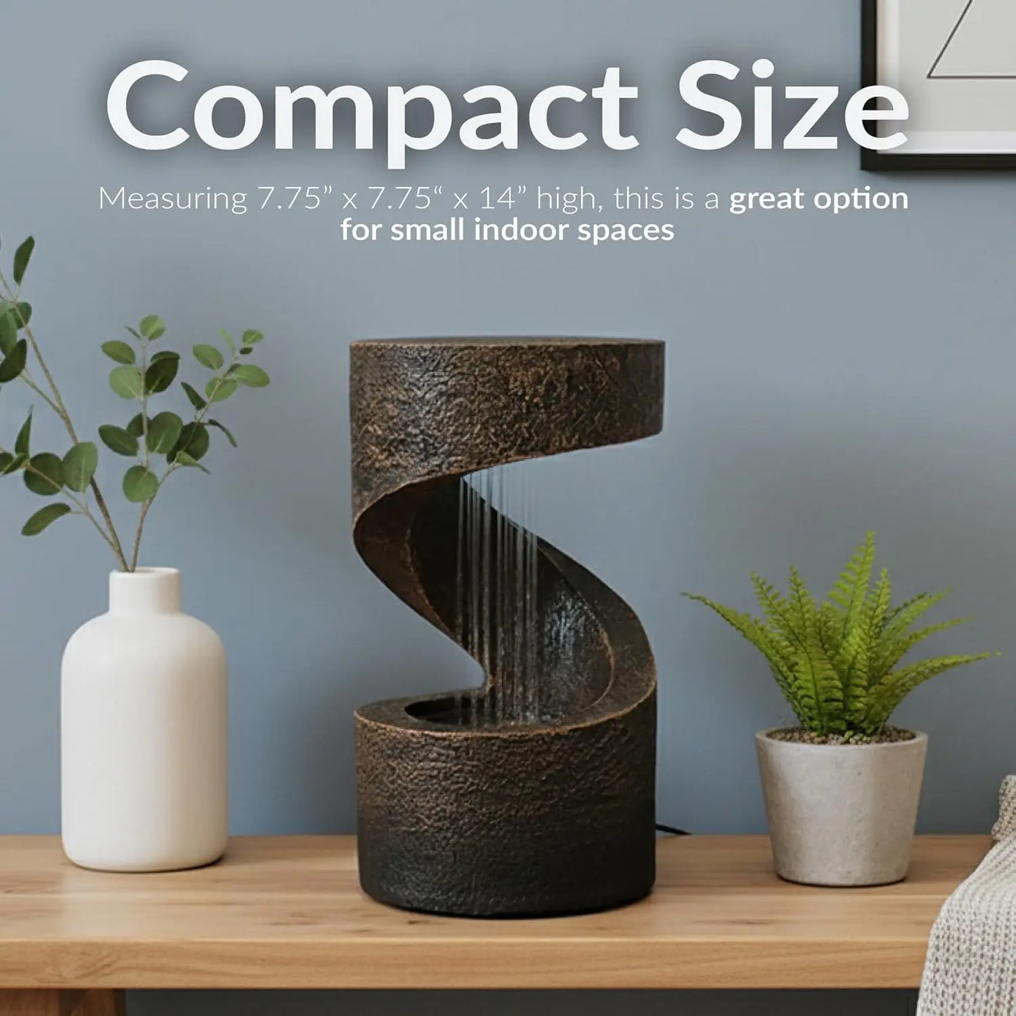 14 Inch Indoor Desktop Water Fountain with LED Lights - Relaxing Spiral Design for Office, Bedroom, Living Room