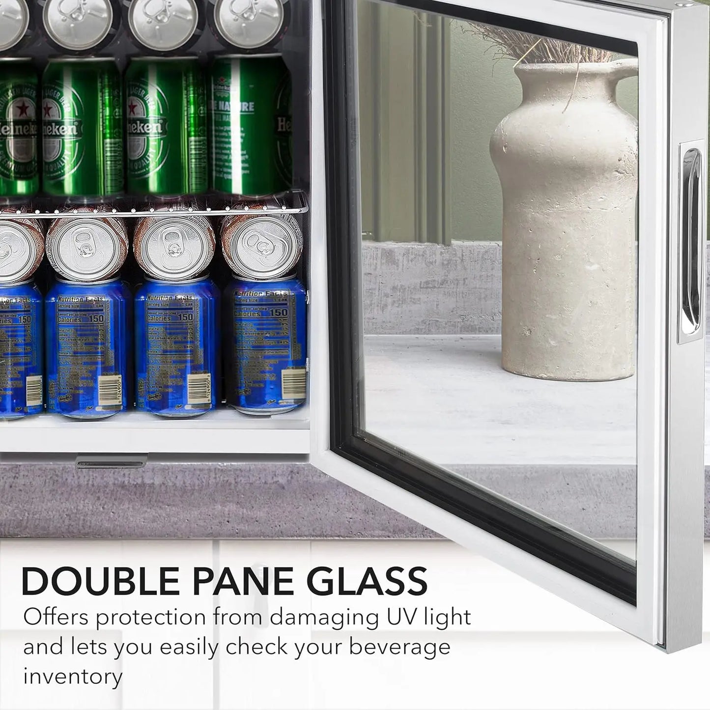 Double-Layer Glass Door Beverage Refrigerator, 68-Can 1.6 Cu Ft Freestanding Drink Mini Fridge, Stainless Steel