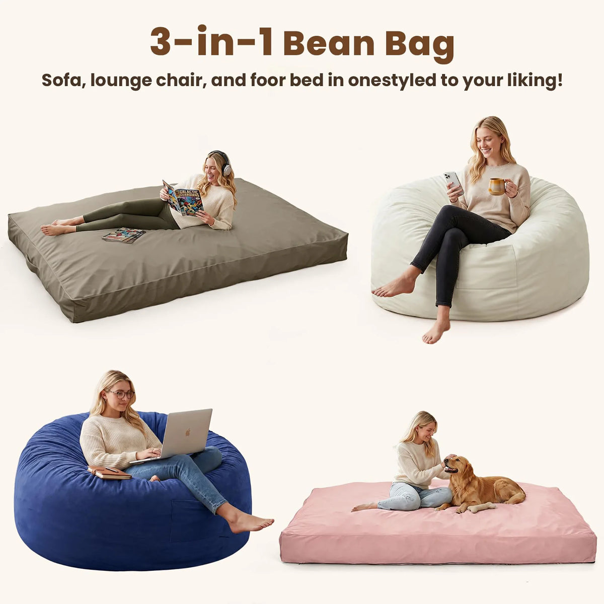 Large Adult Bean Bag Chair, 4 In 1 Convertible Bean Bag Bed, Memory Foam Floor Sofa, Flannel Cover With Inner Liner For Home