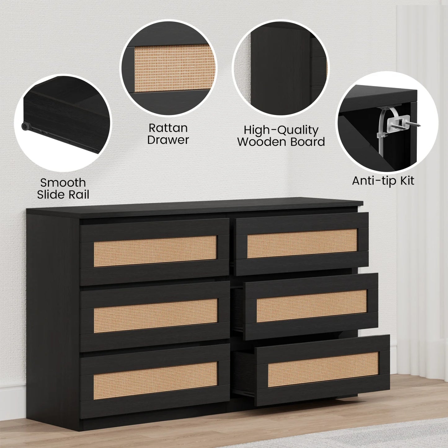 Modern Rattan 6-Drawer Dresser for Bedroom Wooden Chest of Drawers, Freestanding Storage Cabinet for Living Room and Entryway