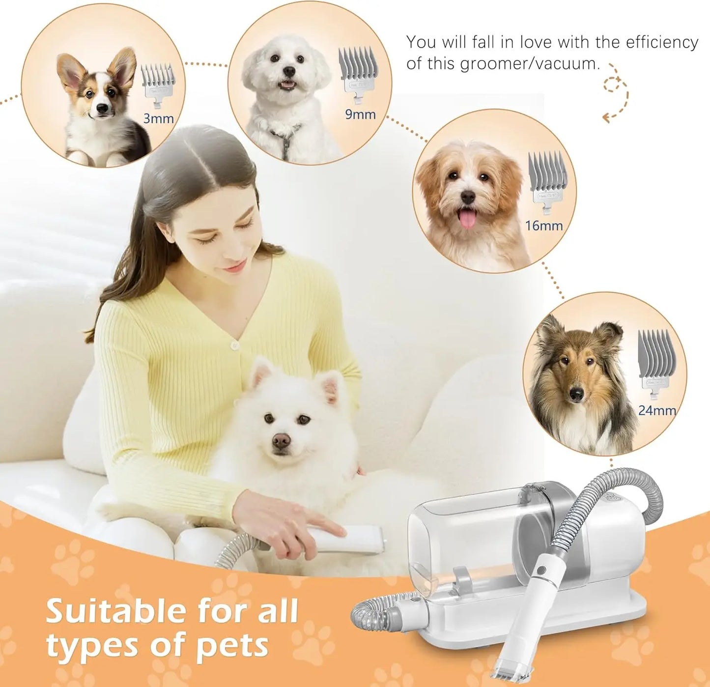 Pet Grooming Vacuum with 2.3L Dust Cup, 5 Tools for Dog Cat Hair Removal, Low Noise