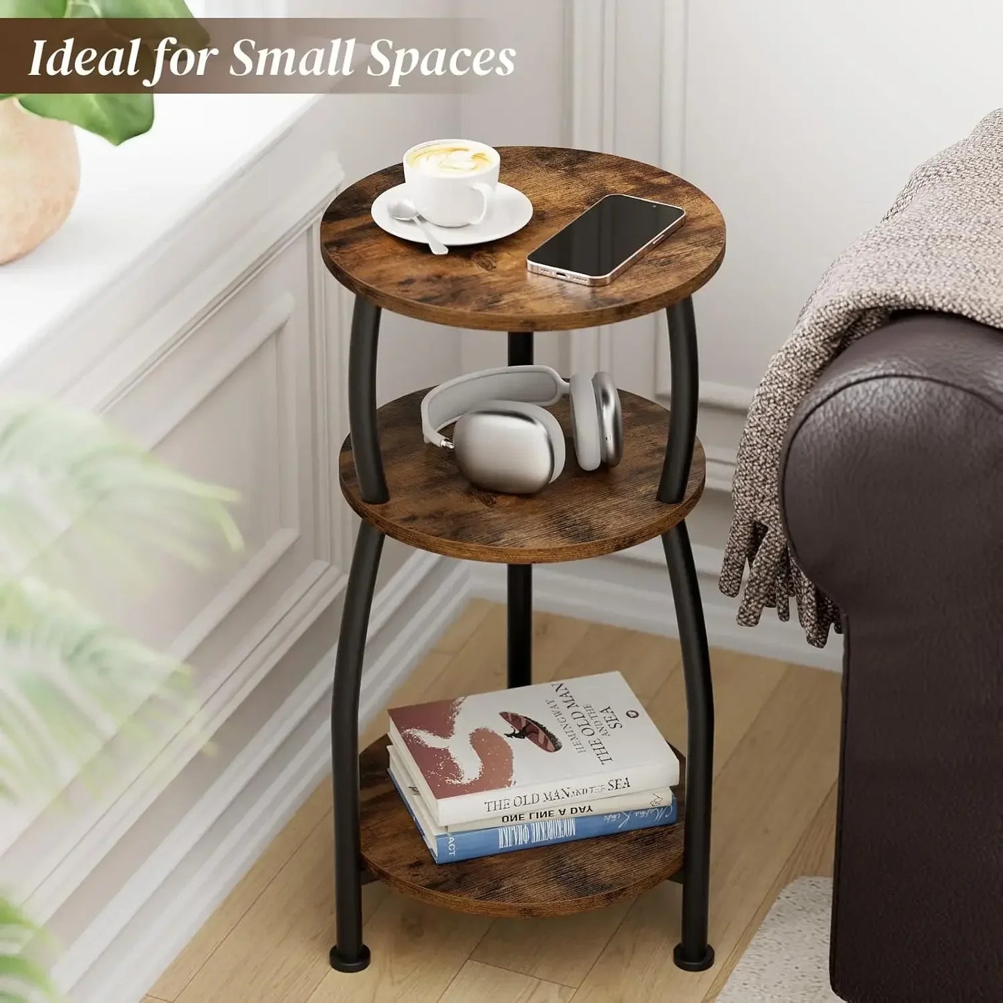 Small Round Side Table, 3-Tier End Table with Storage Shelf, Slim Coffee Table for Small Spaces, Industrial Sofa Table Used for
