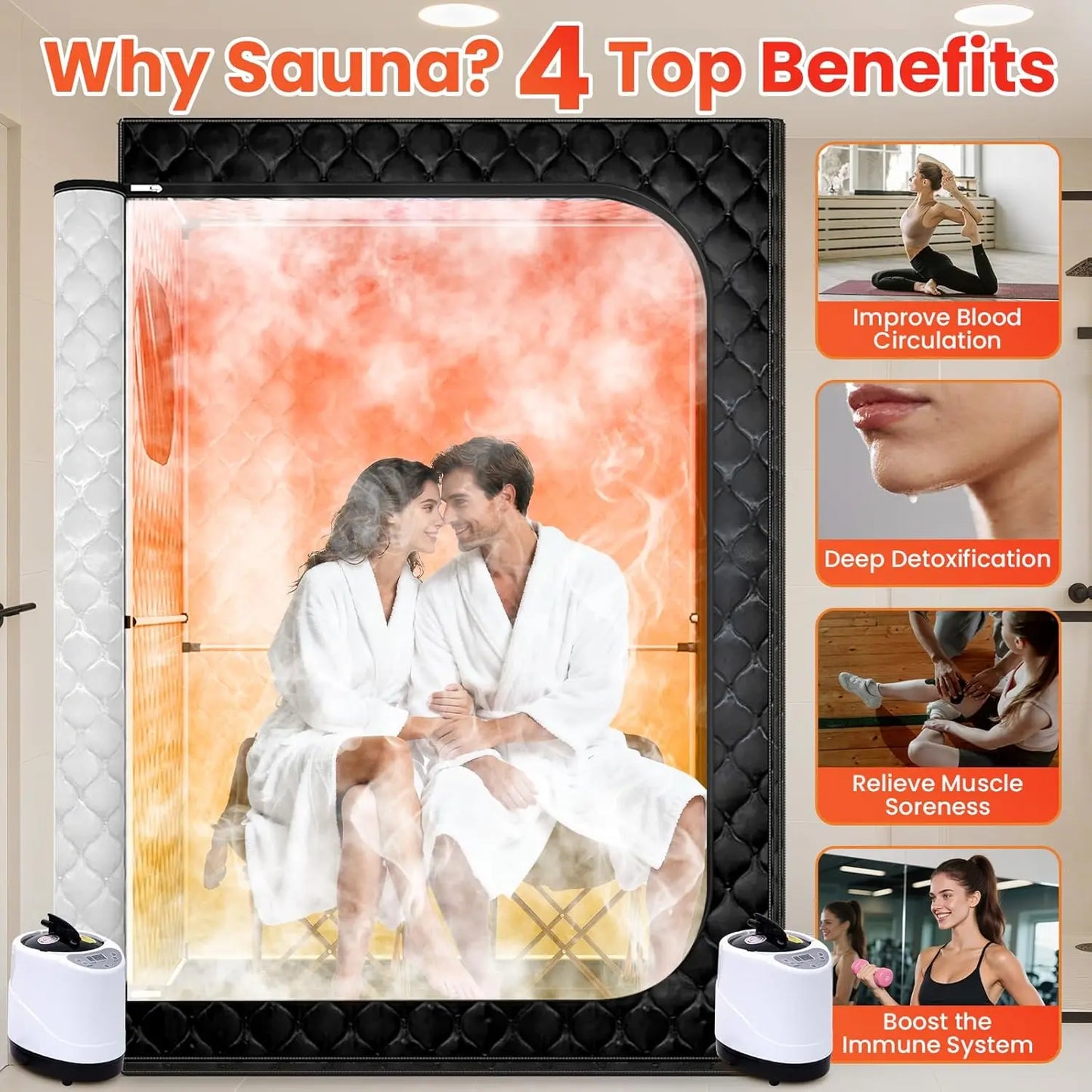 2 Person Sauna, Upgraded Portable Sauna for Home, Extra Large Personal Steam Sauna Box with 2 Steamer,