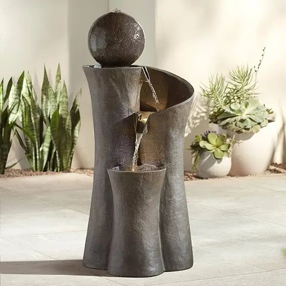 Large Modern Zen Indoor Outdoor Faux Stone Floor Fountain with LED Lighted Waterfall, 39.5" High
