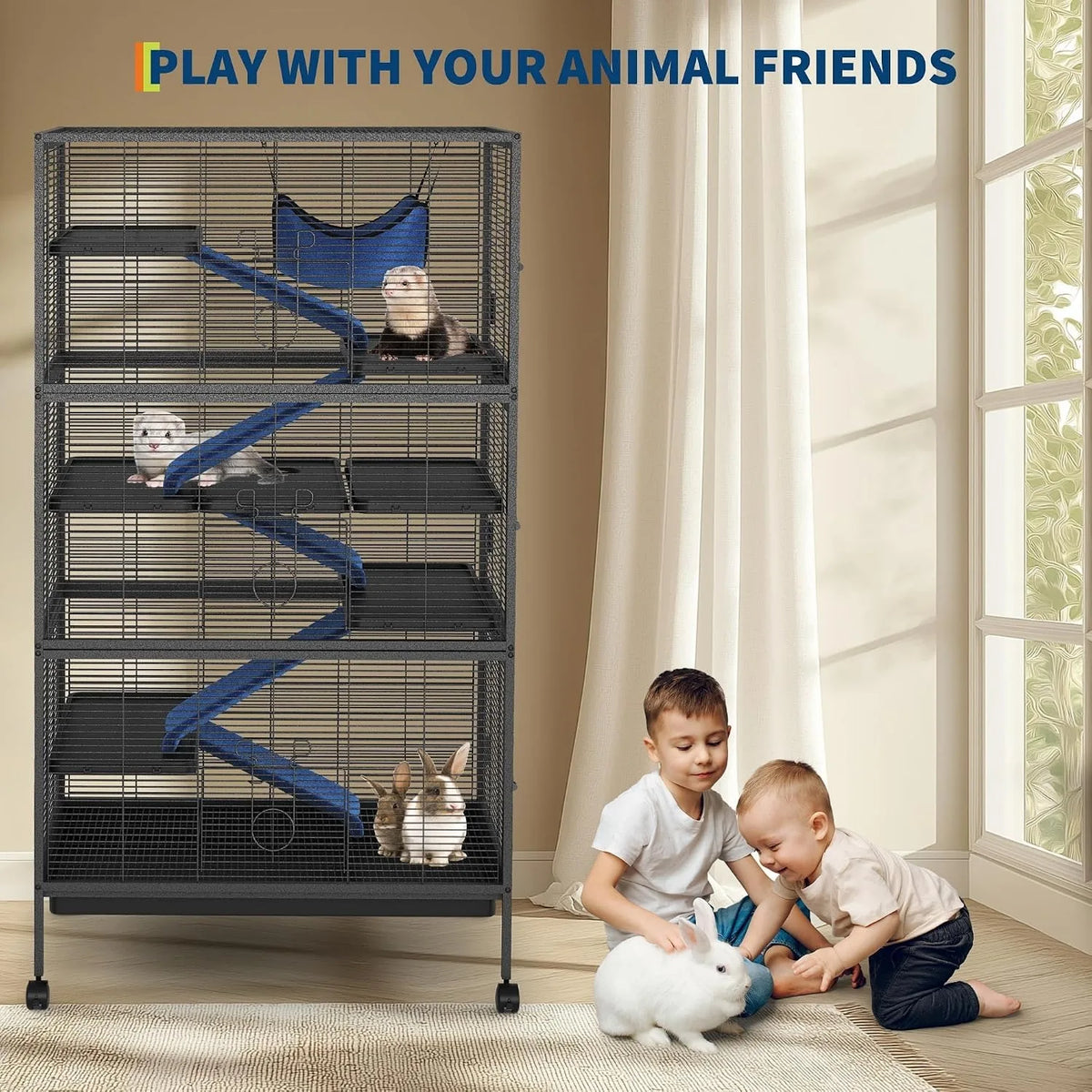 59in Tall Ferret Cage 6 Tier Small Animal Habitat with Hammock Fleece Ramps Rolling Wheels Removable Tray Multi Level Metal Cage for Chinchilla Sugar Glider and Small Pets