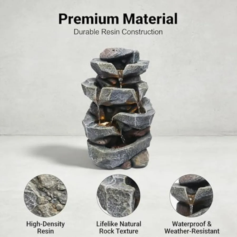 4-Tier Natural Rock Tabletop Waterfall Fountain - Indoor Outdoor Resin Water Fountain with LED Lights 11.42 L x 8.27 W x 18.31