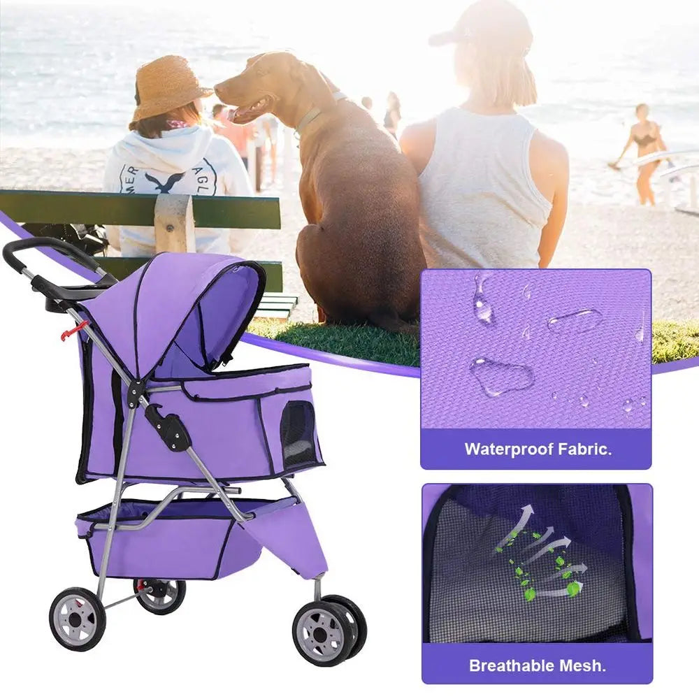 3 Wheels Pet Stroller Dog Cat Cage Jogger Stroller for Medium Small Dogs Cats Folding Travel Carrier with Cup Holder, Waterproo