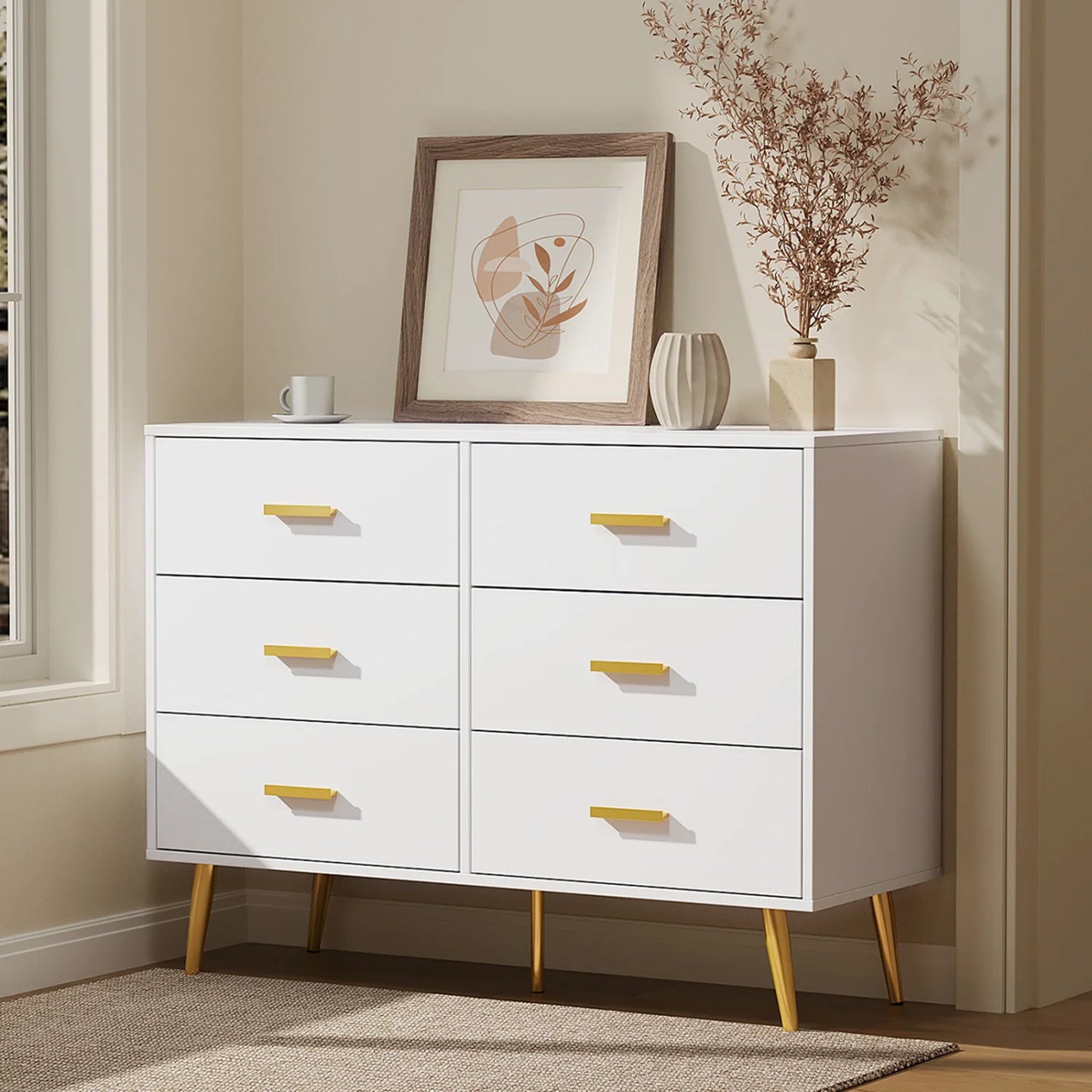 6-Drawer Chest of Drawers, Modern 6 Drawer Storage Cabinet with  Sturdy Metal Legs, Bedroom Drawer Organiser for Living Room