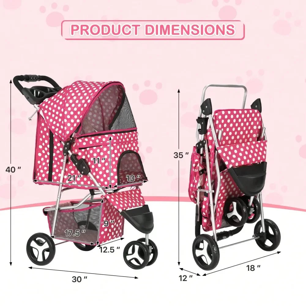 3 Wheels Pet Dog Cat Stroller For Small Medium Dogs Cats, Foldable Jogger Stroller W Storage Basket And Cup Holder