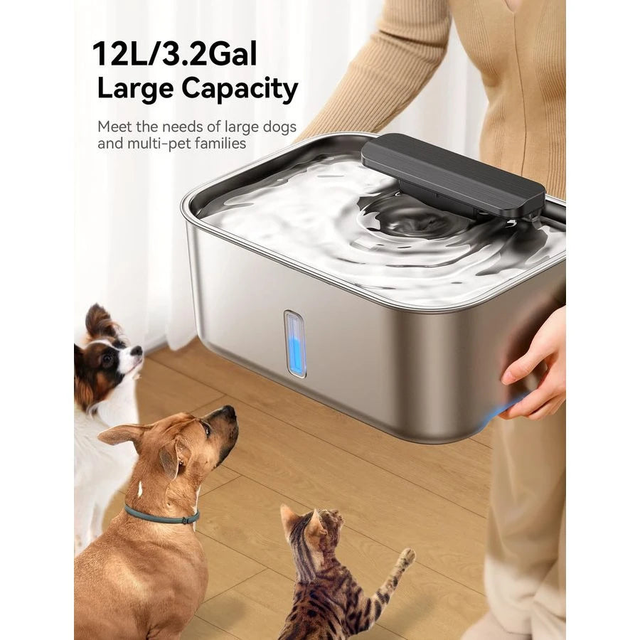 12L Dog Water Fountain for Large Dogs, UltraQuiet Stainless Steel Dog Water Bowl Dispenser with Swirling Water Flow, Pet Water F