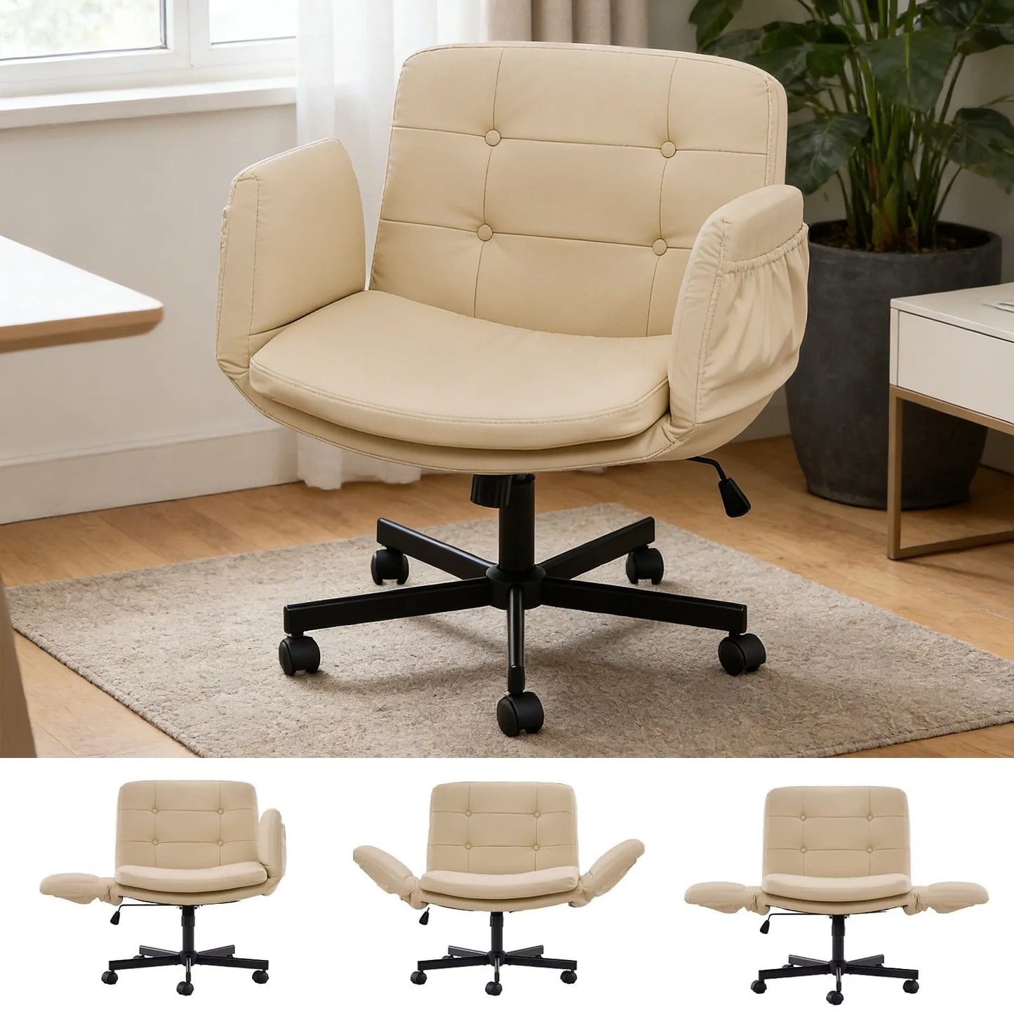 Criss Cross Chair Home Office Cross Legged Swivel Chair with Wheels and Adjustable Arms