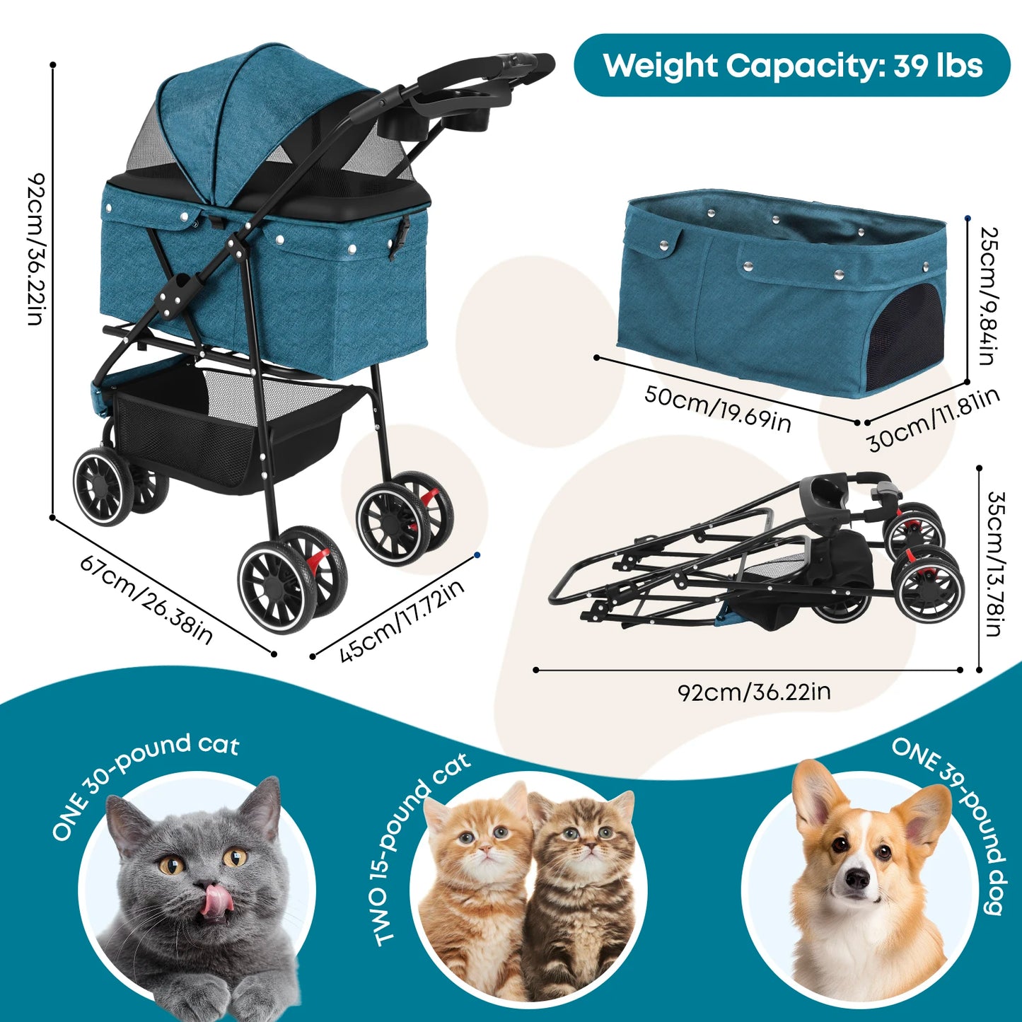 Foldable 3-Wheel Pet Stroller for Small to Medium Dogs and Cats with Mesh Canopy Cup Holders Easy Assembly